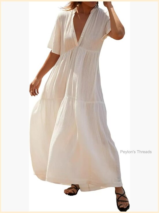 Dresses & Skirts - Cotton Flowy Maxi Dress Short Sleeve V Neck Empire Waist Boho Tiered Ruffle